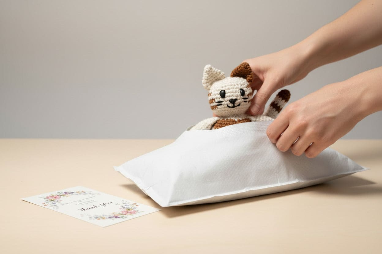 Person placing a small plush toy in a white polymailer envelope with a neutral background
