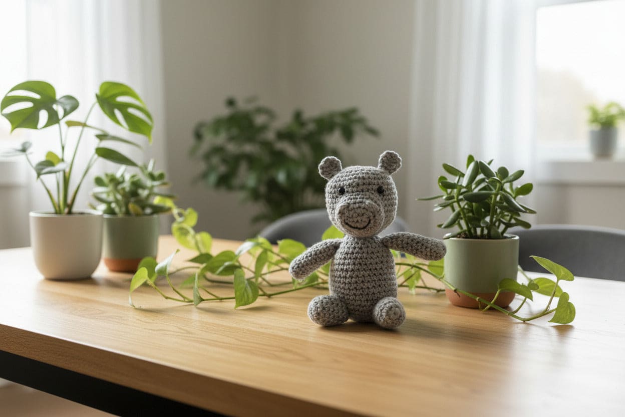 Crocheted hippo on a wooden table with potted plants in a bright room.