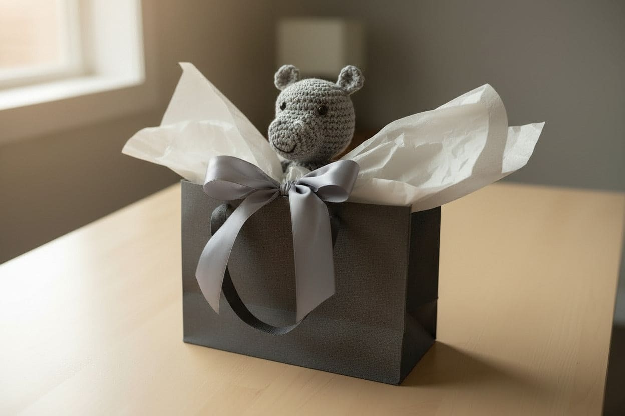 Small gray stuffed animal in a black gift box with white tissue paper and a gray ribbon on a wooden surface.