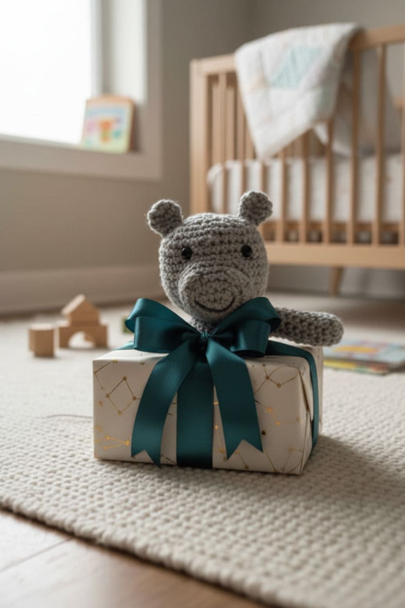 Crocheted hippo on a box with a green ribbon in a nursery setting