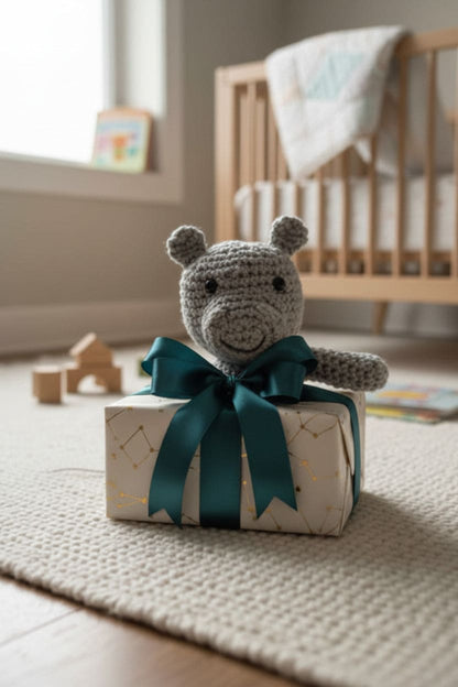 Crocheted hippo on a box with a green ribbon in a nursery setting