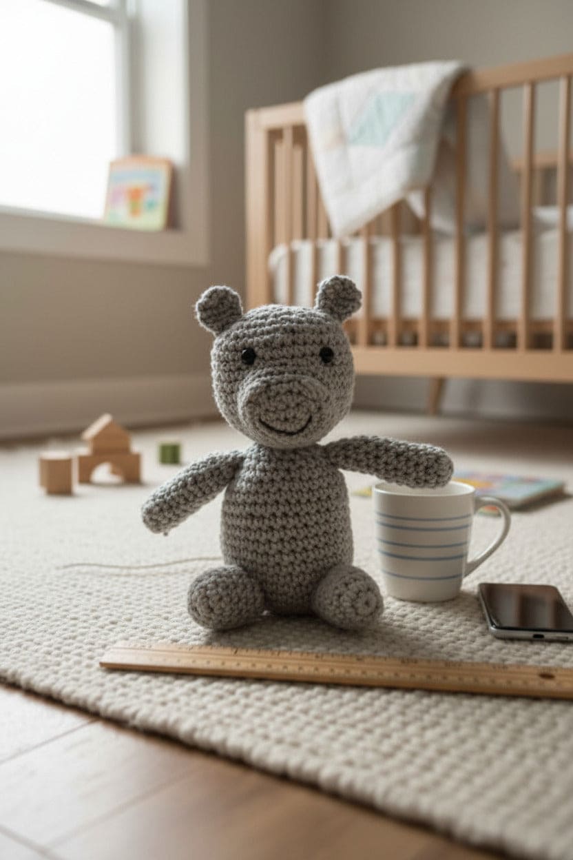 Crocheted hippo on a rug in a nursery with crib and toys in the background