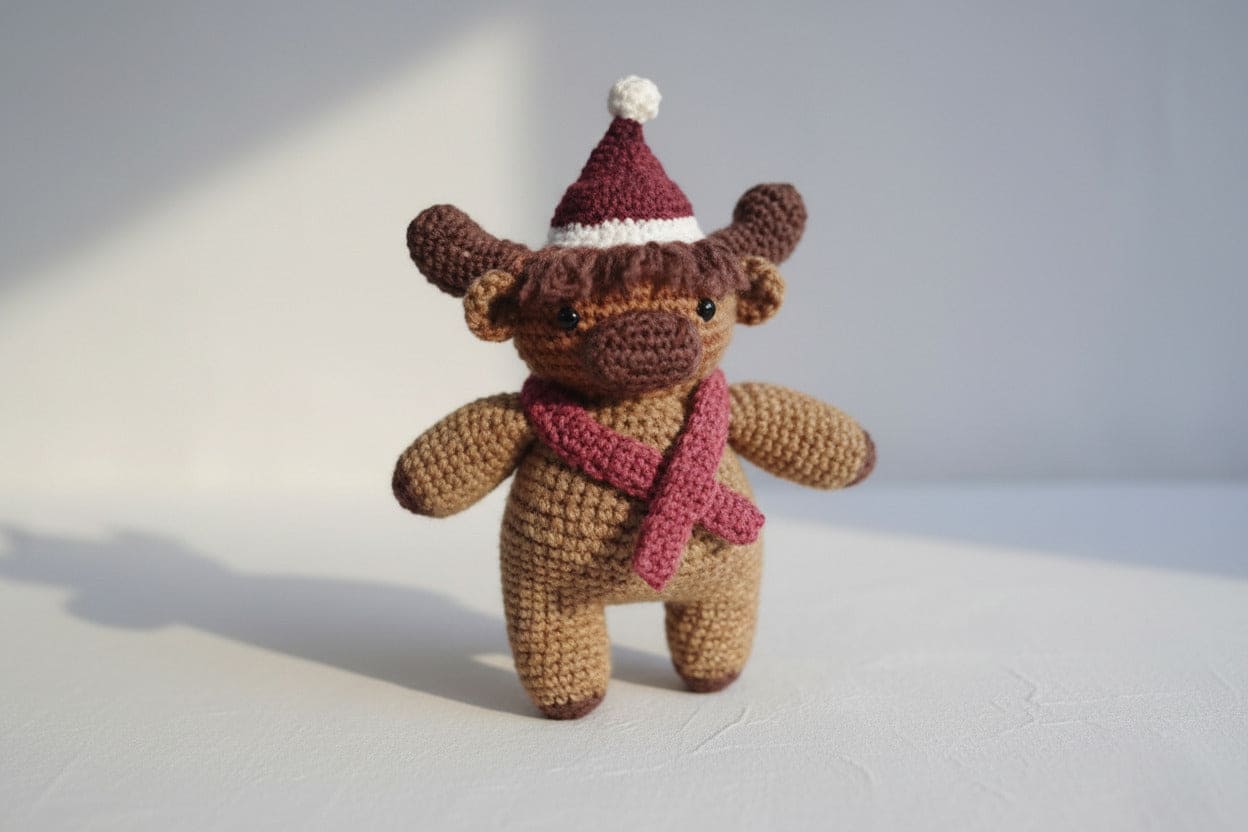 Crocheted cow toy wearing a Santa hat and scarf on a white background