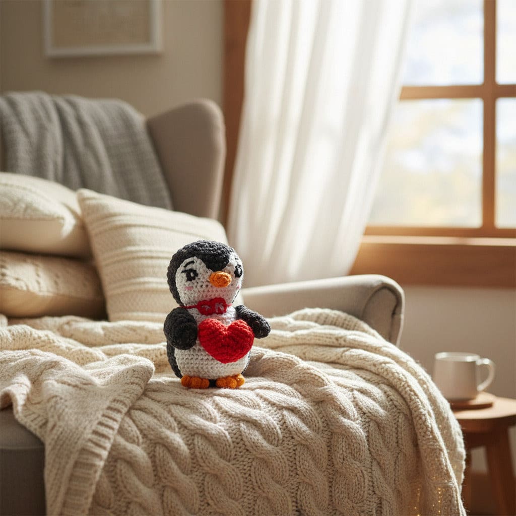 Crocheted penguin with a red heart on a cozy sofa with a blanket and a cup of coffee.