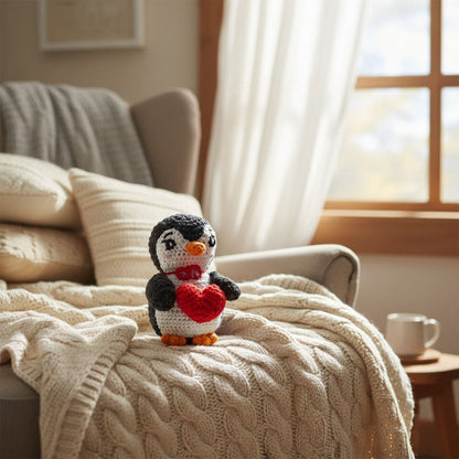 Crocheted penguin with a red heart on a cozy sofa with a blanket and a cup of coffee.