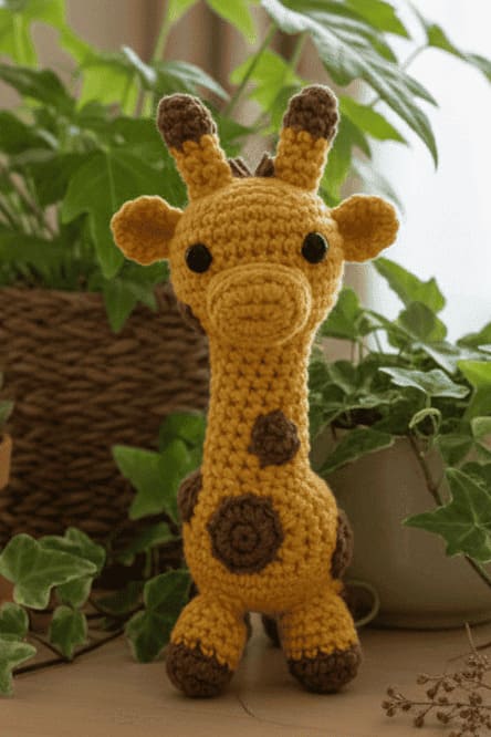 Crocheted giraffe toy surrounded by green plants