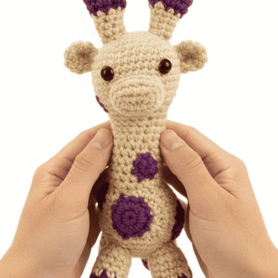  "Handmade crochet giraffe with purple accents held by two hands." 