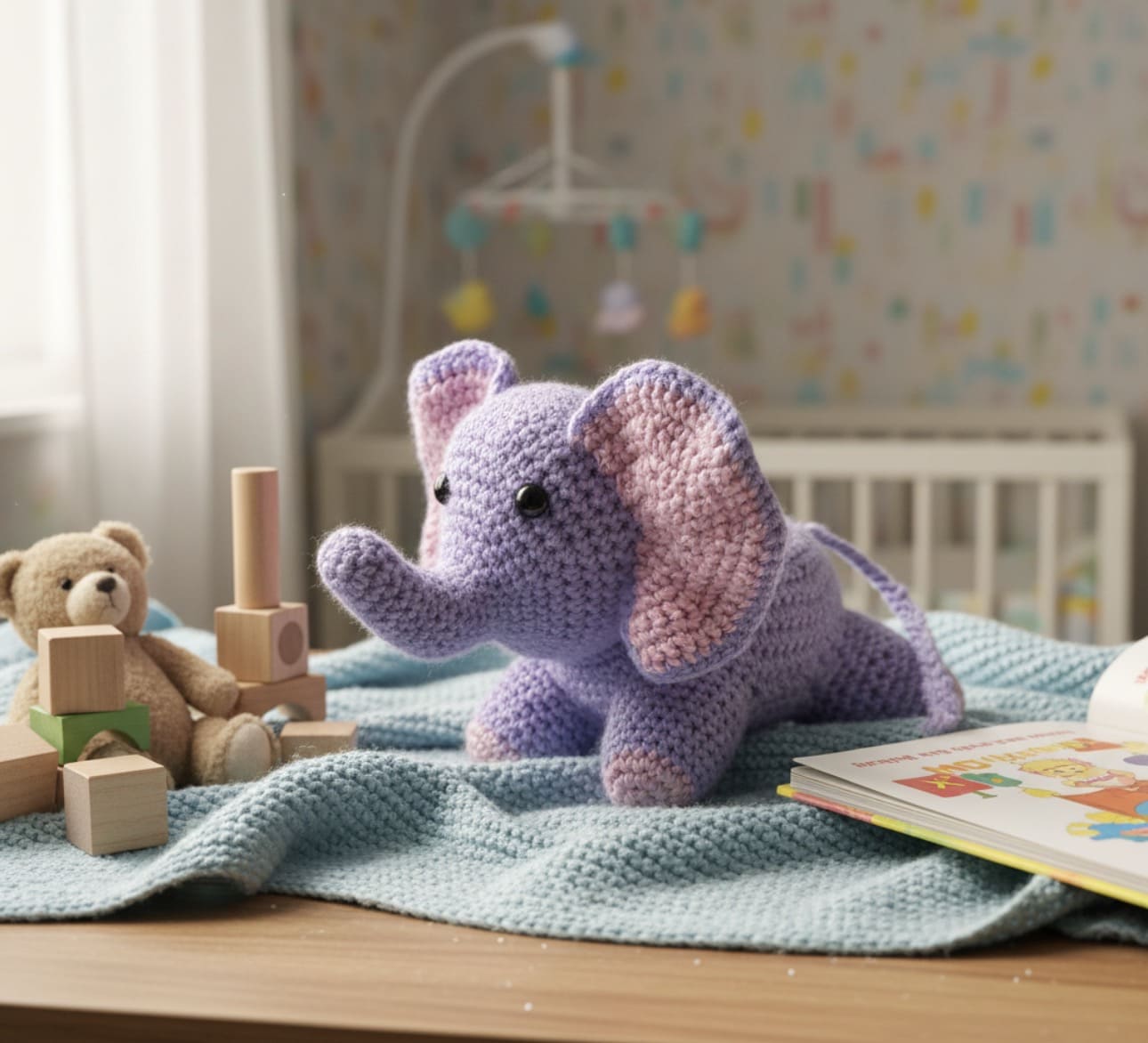 Crocheted purple elephant toy on a wooden surface with a teddy bear, blocks, and a book in a nursery setting.