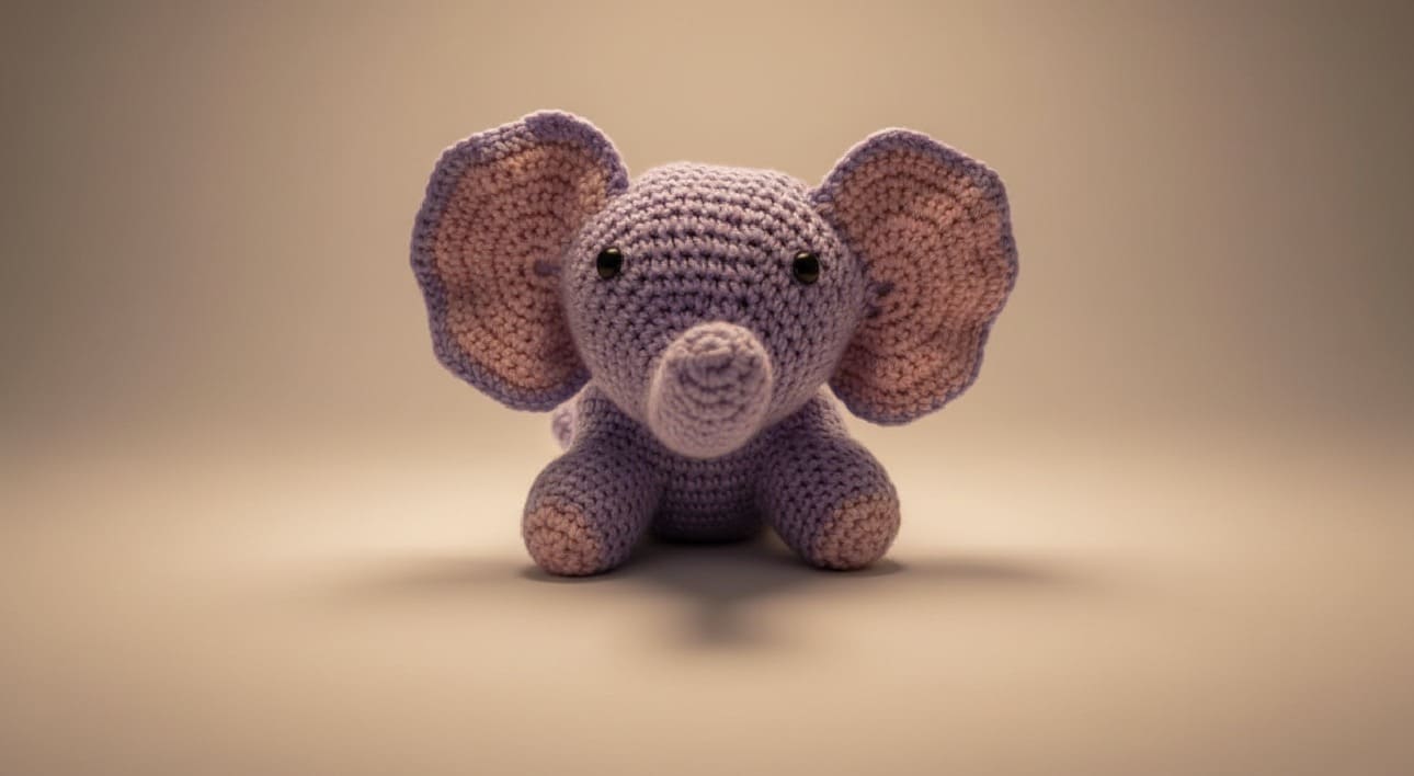 Crocheted purple elephant toy on a beige background
