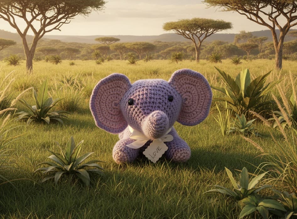 Crocheted elephant toy in a grassy field with trees in the background
