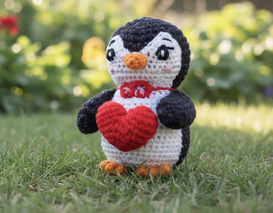 Crocheted penguin with a red heart on grass