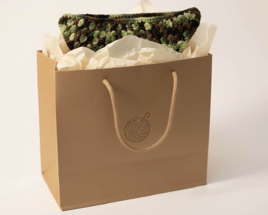 Brown paper bag with a crochet item on a white background
