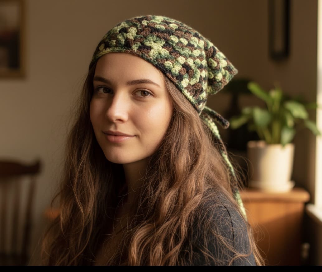 Woman wearing a patterned green and brown crochet bandana indoors.