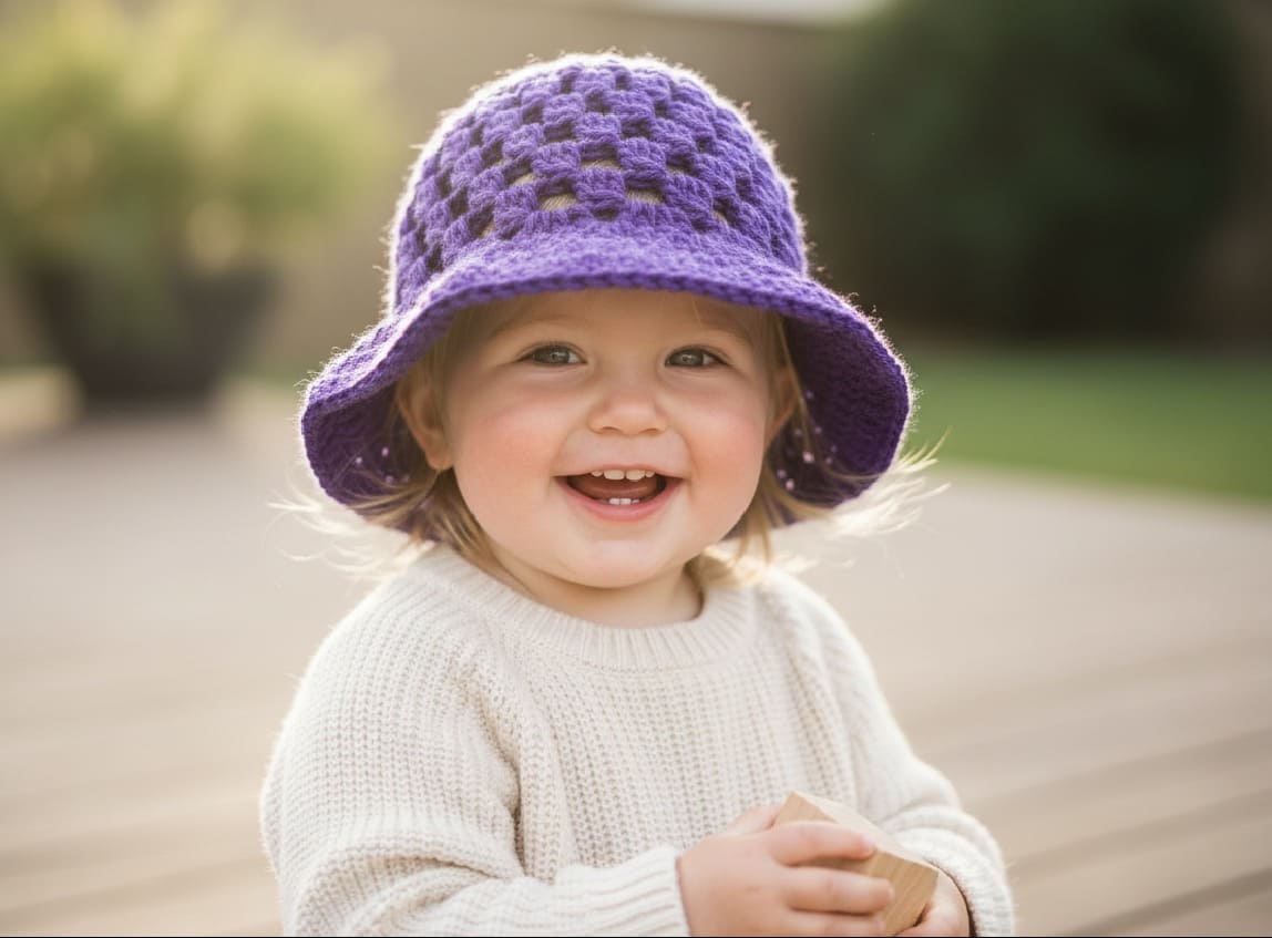 Child wearing a purple crocheted hat and beige sweater outdoors