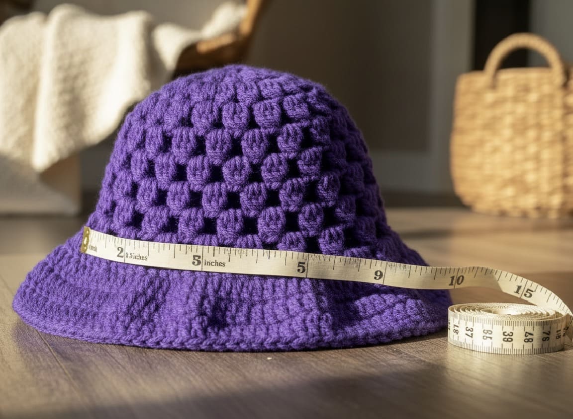 Purple crocheted hat with a measuring tape on a wooden surface