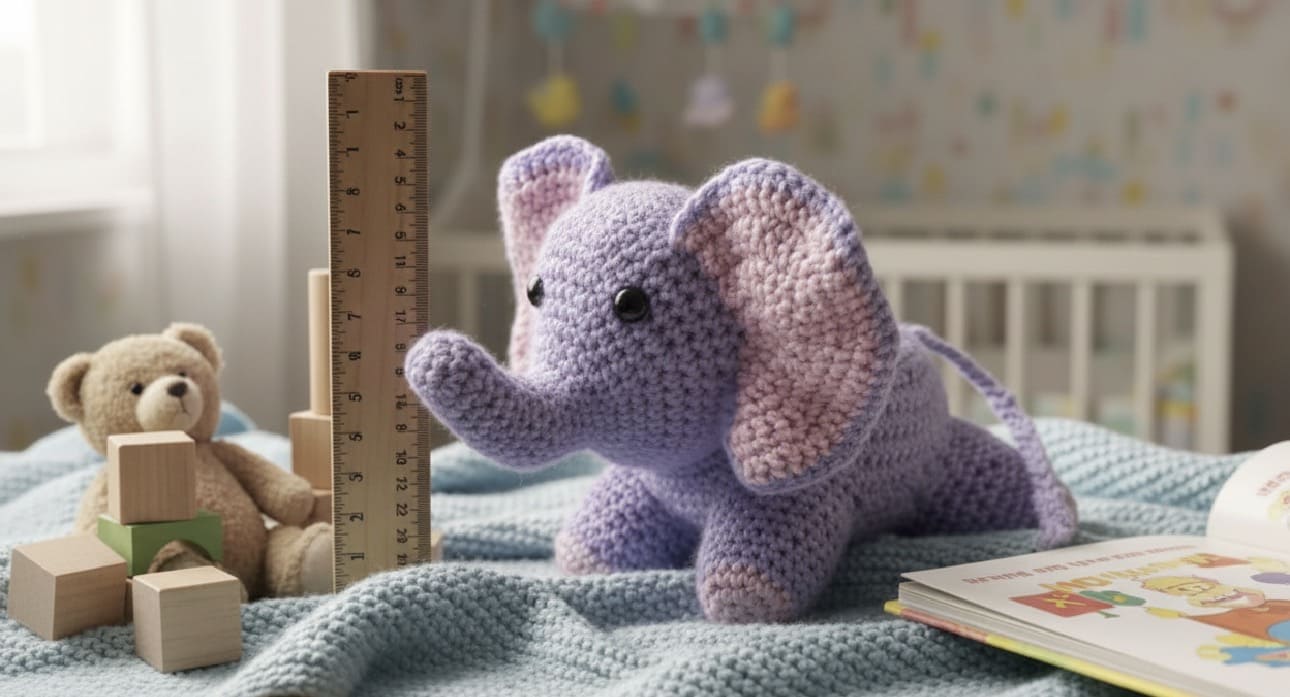 Crocheted elephant toy on a blanket with teddy bear, blocks, and book in a nursery setting