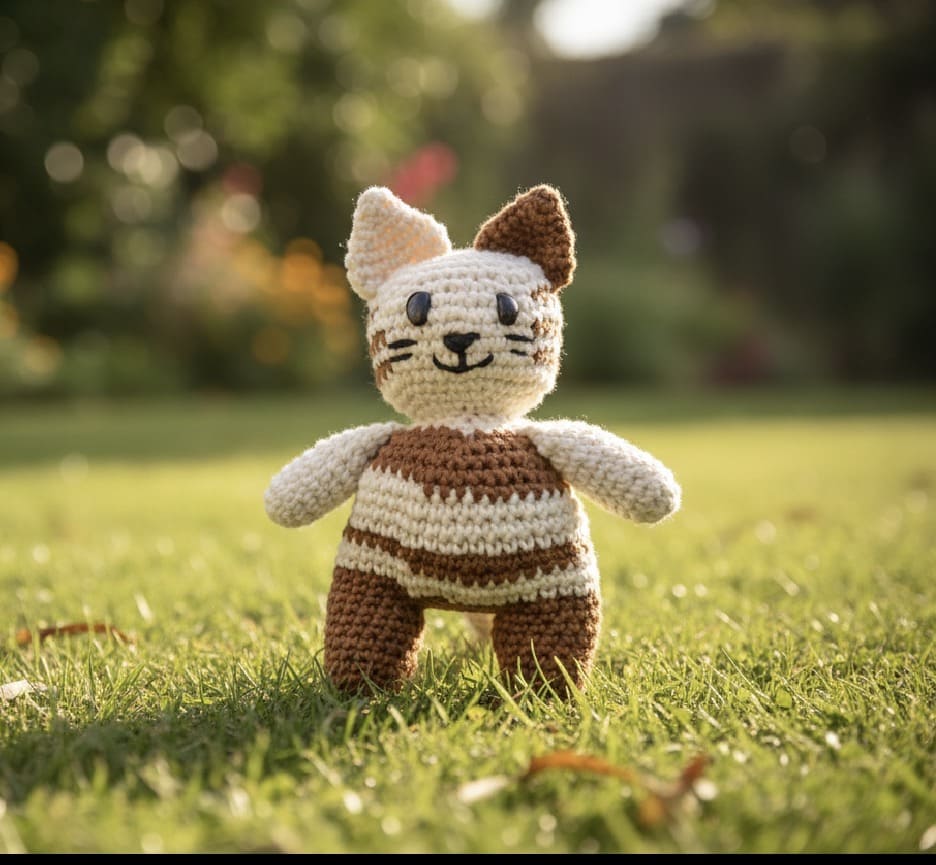 Crocheted cat toy on grass with a blurred natural background