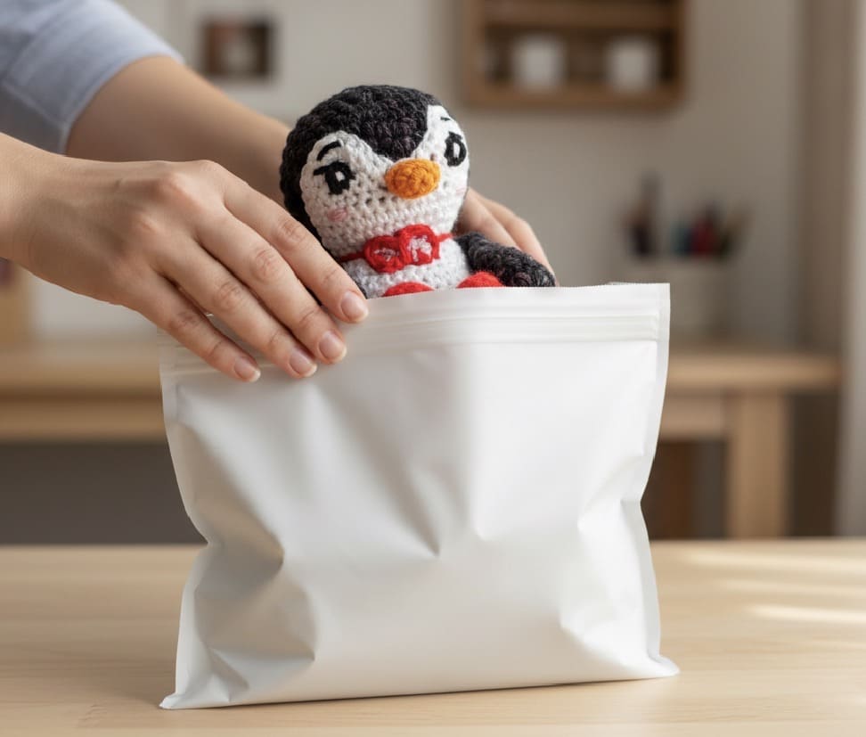 Hand holding a small crocheted penguin toy above a white envelope on a wooden surface.