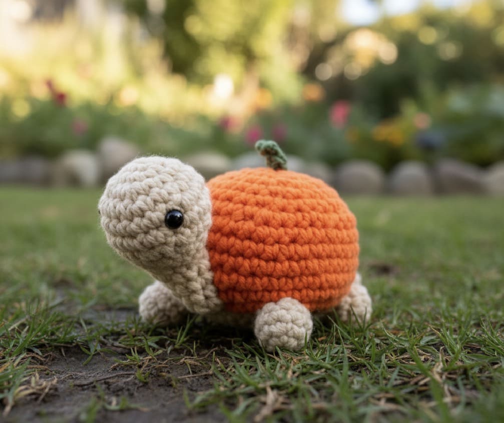 Crocheted turtle with pumpkin shell on grass
