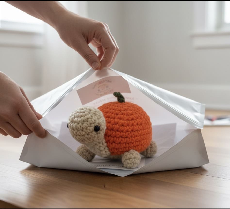 Handmade crochet turtle with a pumpkin shell being wrapped in clear plastic wrap on a wooden surface.