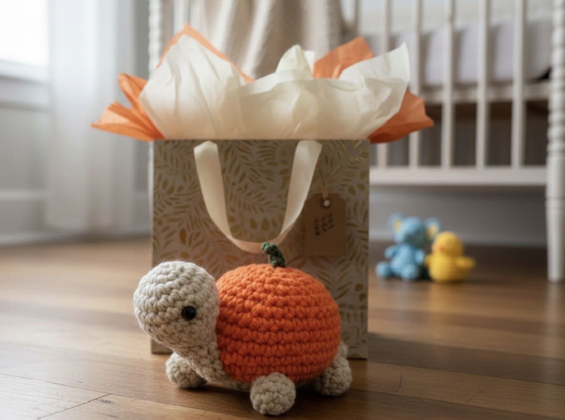 Crocheted turtle with pumpkin shell in front of a gift bag on a wooden floor.