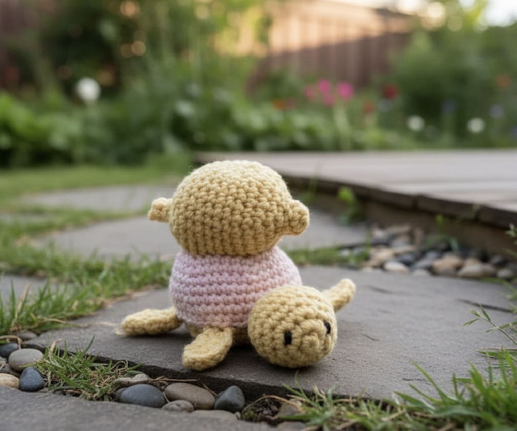 Amigurumi turtle toy on a stone path with a garden background