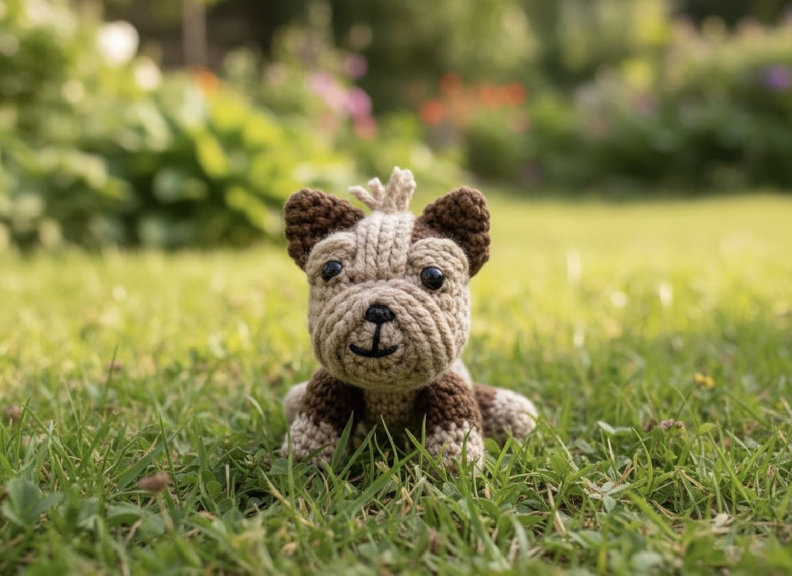 Crocheted dog toy on grass with a garden background