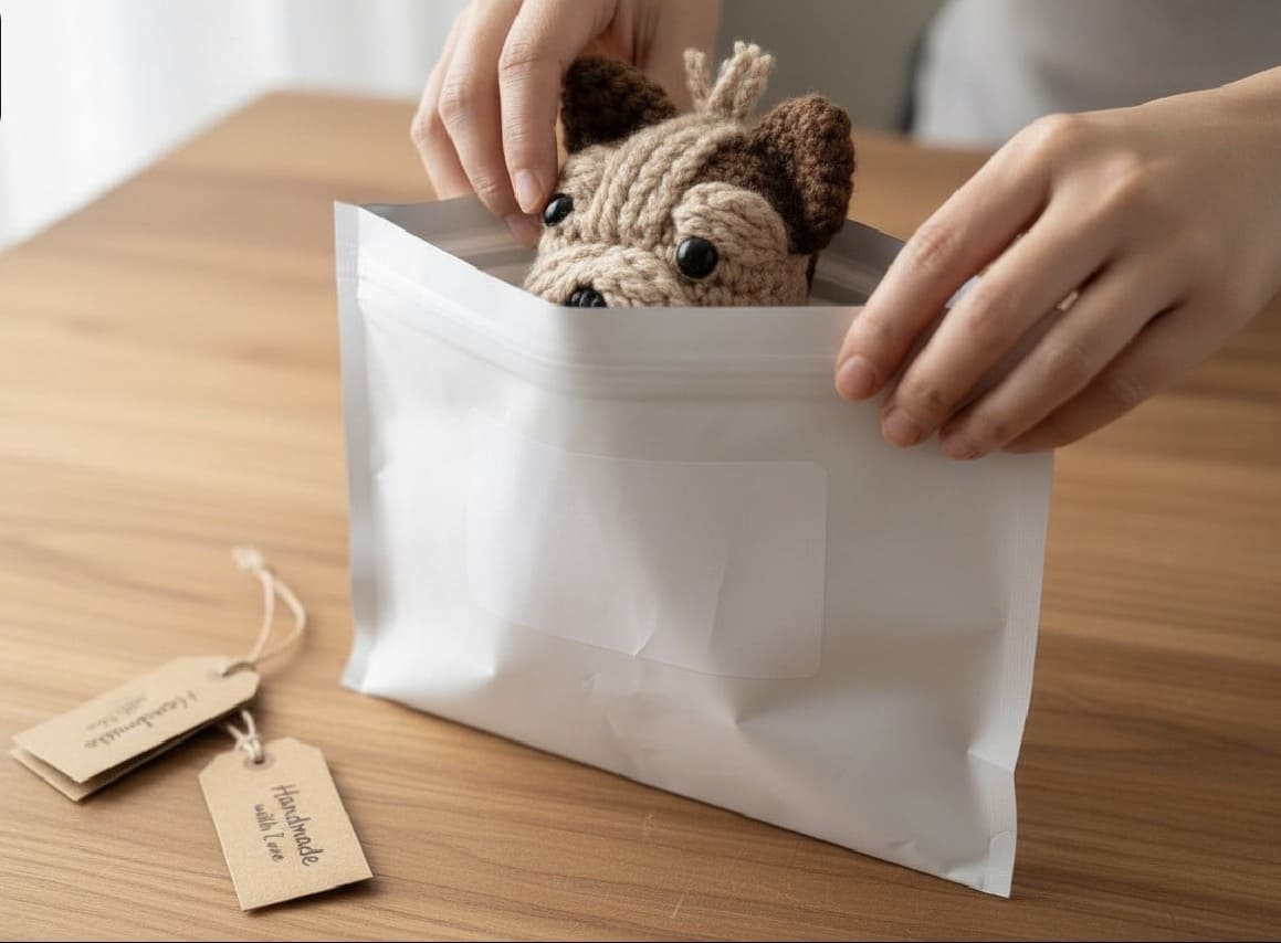 Small plush toy being placed into a white envelope on a wooden surface with tags.