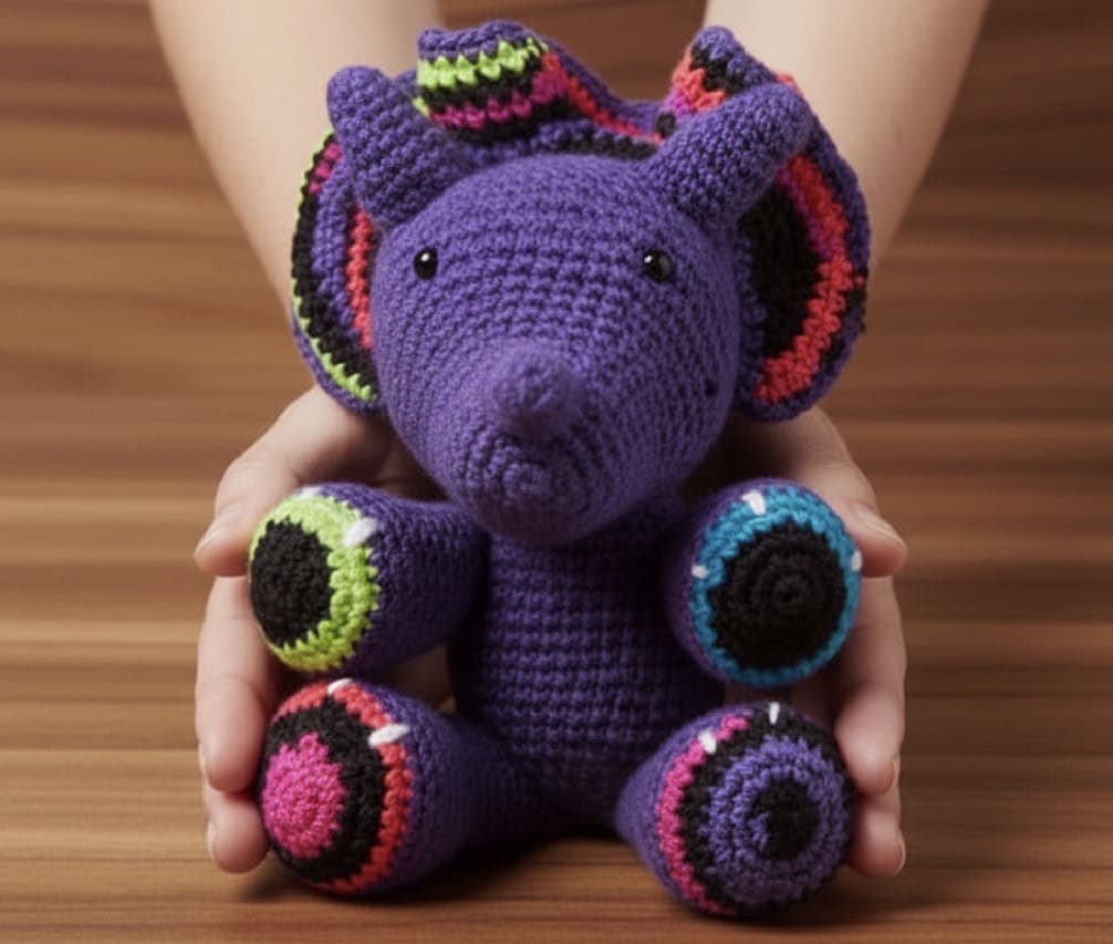 Purple crochet dinosaur toy held in hands on a wooden surface