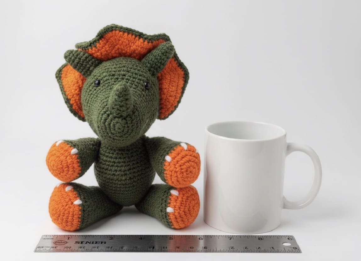 Crocheted dinosaur toy next to a white mug on a white background