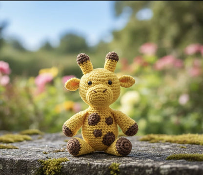 Crocheted giraffe toy sitting on a stone surface with a garden background