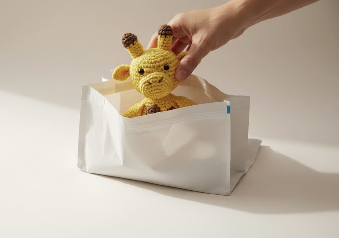  "Hand holding a small yellow crocheted giraffe over a white box."