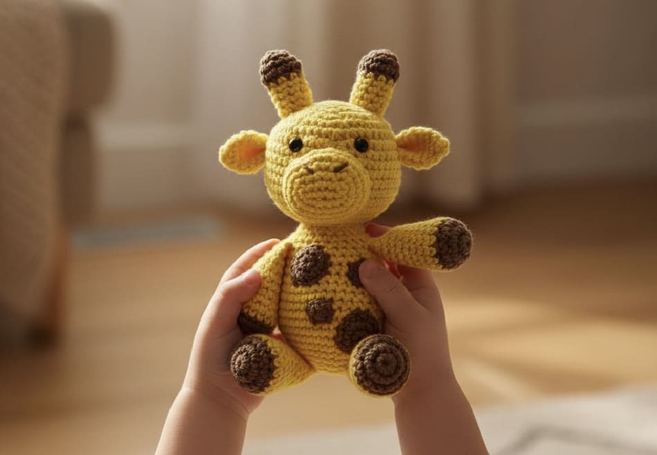 Hand holding a small crocheted giraffe toy in a softly blurred indoor setting