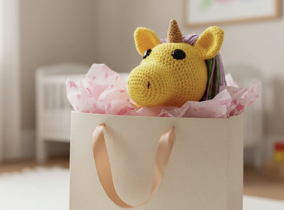 Yellow unicorn toy in a gift box with pink tissue paper