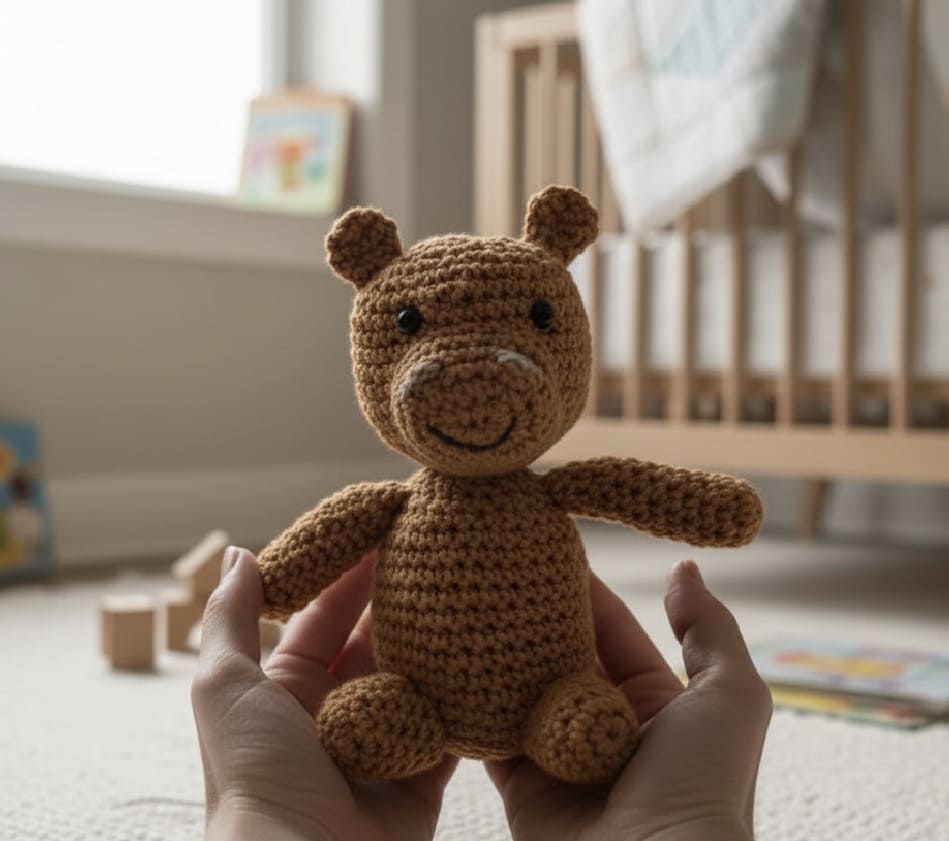 Hand holding a small brown crocheted hippo in a nursery setting.