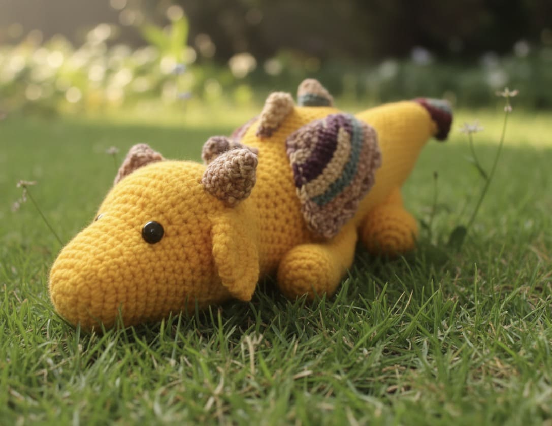 Yellow stuffed animal with a hat on grass