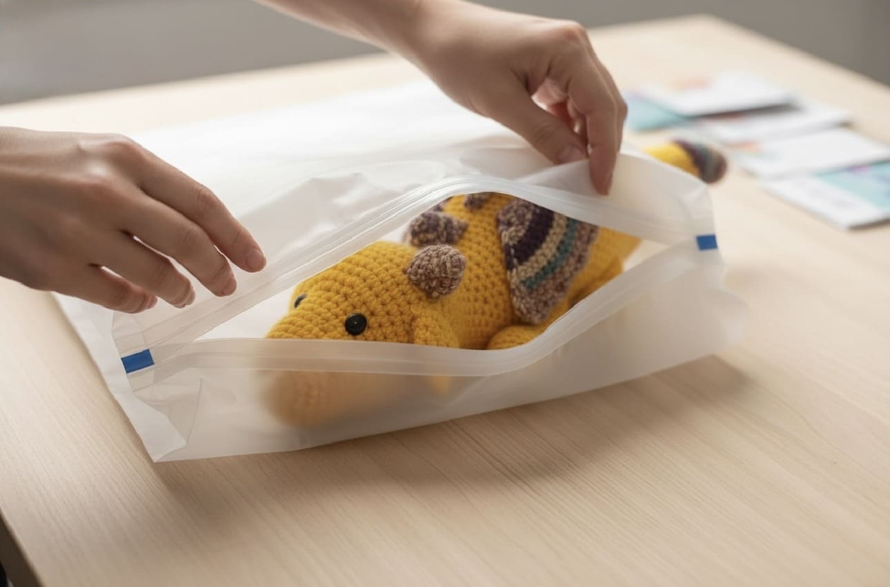 Yellow plush toy being vacuum-sealed in a clear bag on a wooden surface.