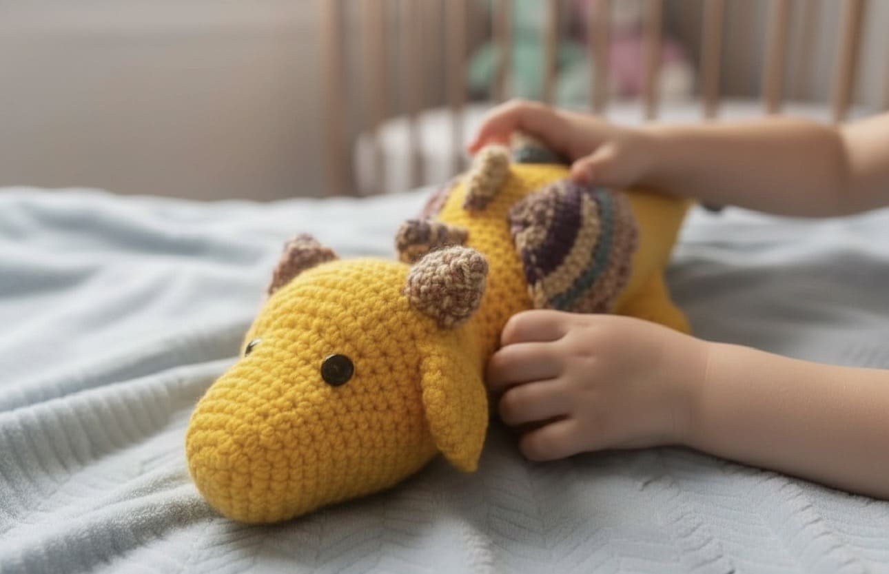 Child's hands holding a yellow crocheted dragon toy on a bed.