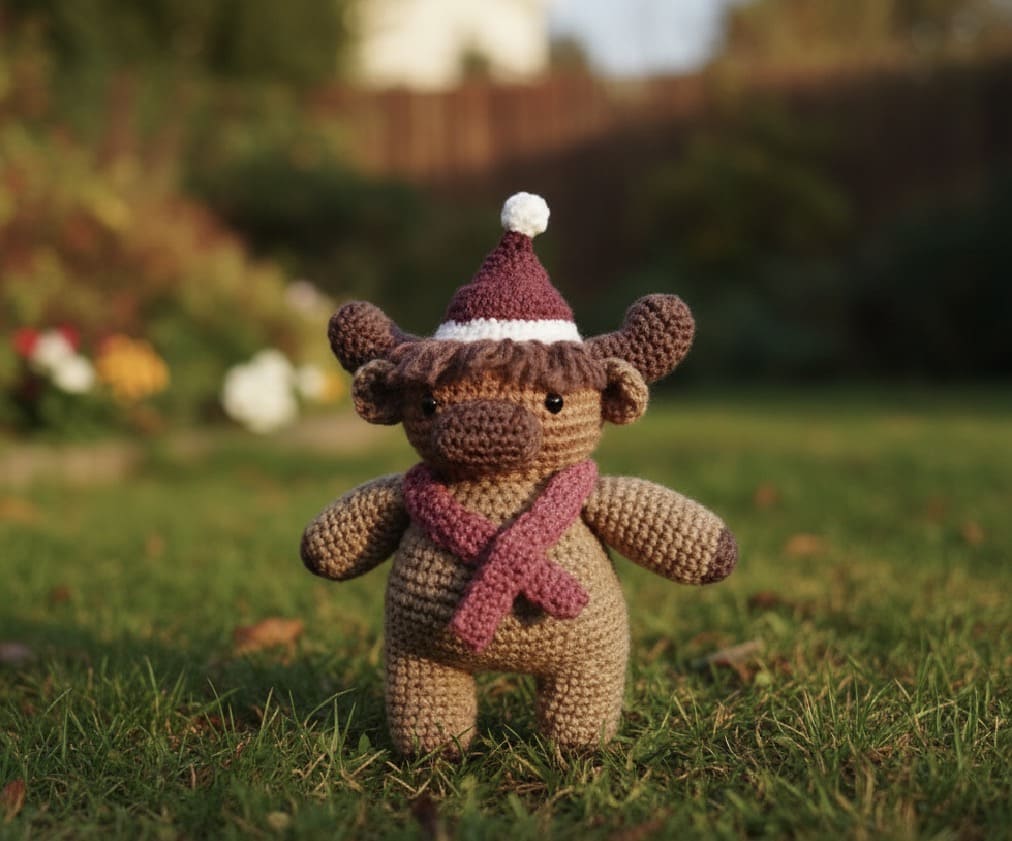 Crochet Cow toy wearing a Santa hat and scarf on grass