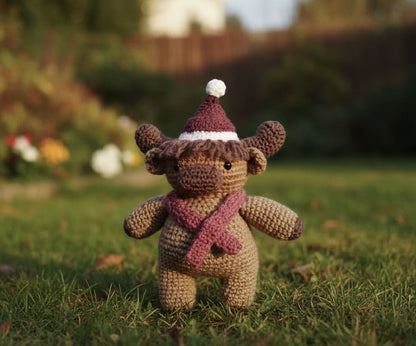Crochet Cow toy wearing a Santa hat and scarf on grass