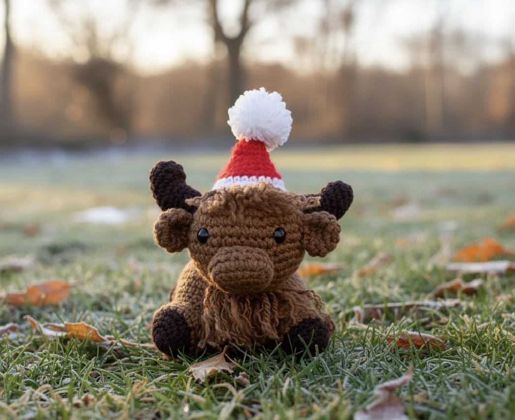 Crocheted cow toy wearing a Santa hat on a grassy field with a blurred background