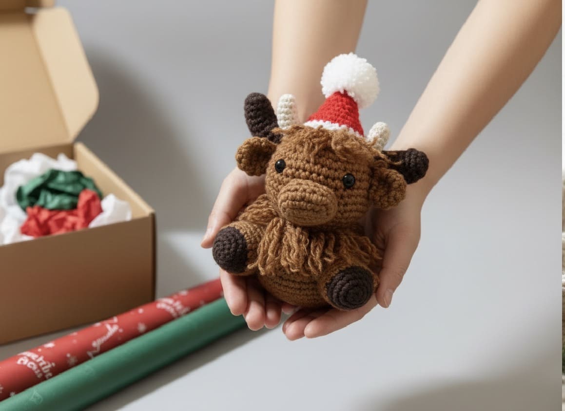 Hand holding a small brown cow toy with a Santa hat next to gift wrap and a box.