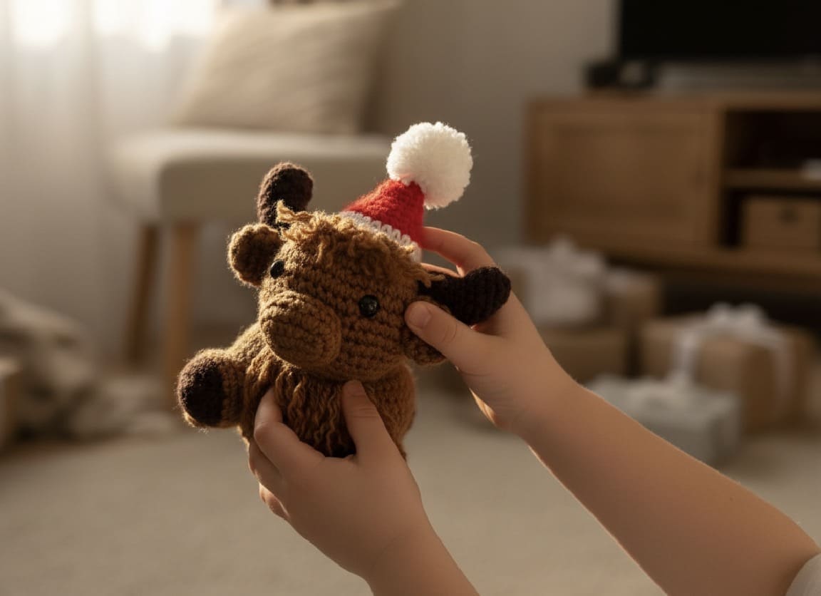 Hand holding a small brown plush toy with a red and white hat in a cozy indoor setting.