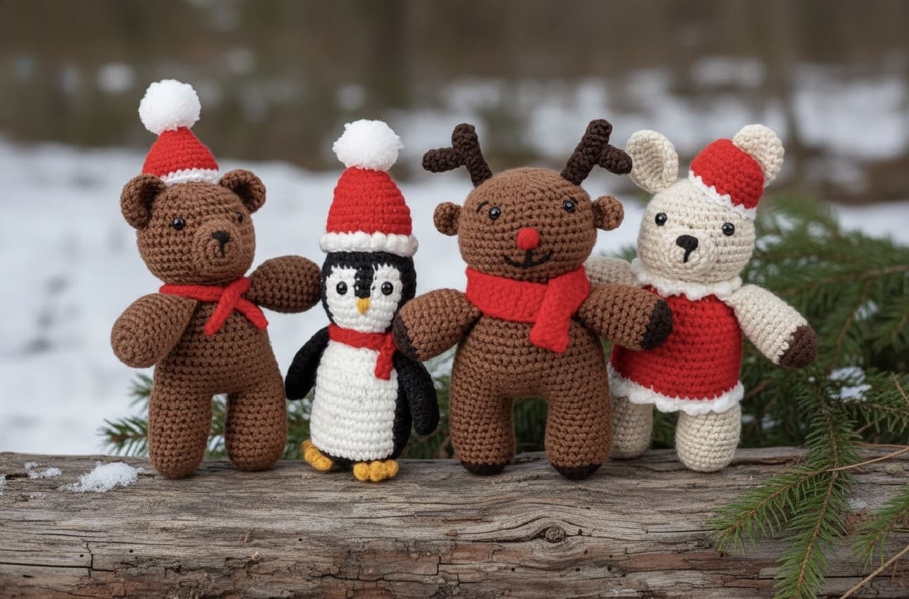 Four crocheted Christmas-themed animals on a log with a snowy background