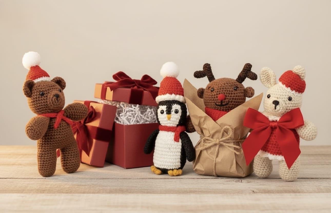 Collection of crocheted animals with Christmas-themed accessories on a wooden surface.