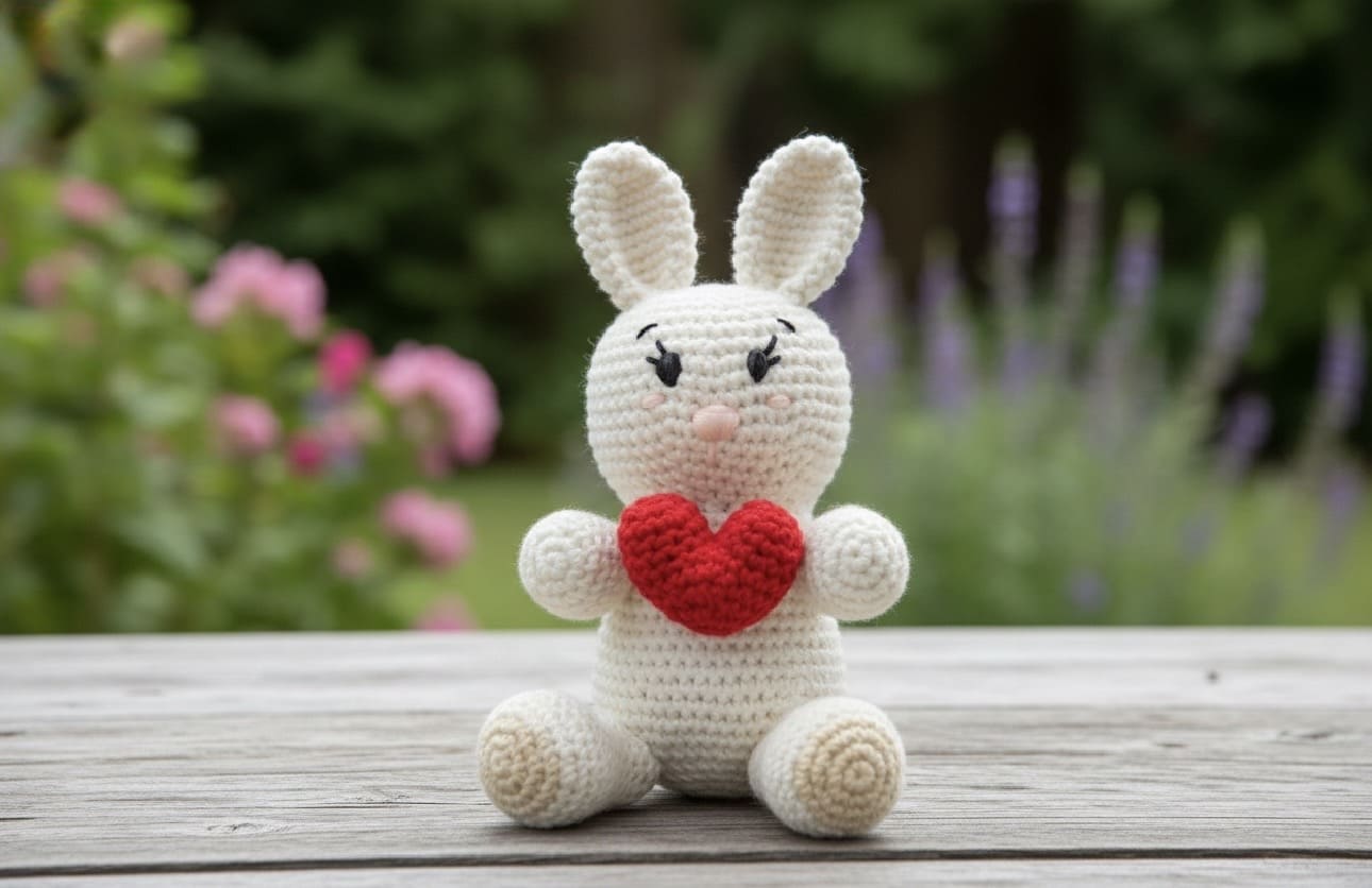 Crocheted bunny with a red heart on a wooden surface with a garden background