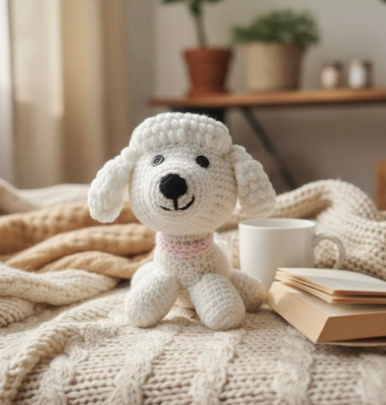 White crocheted dog toy on a cozy blanket with a cup and book in the background