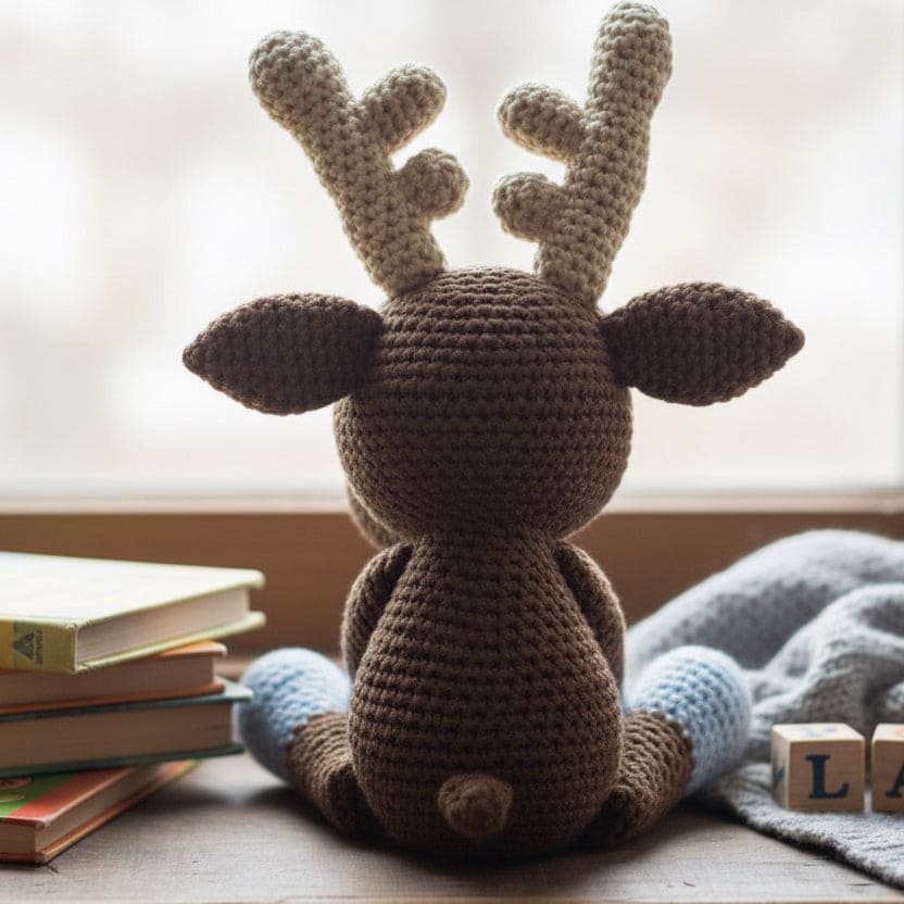 Crocheted moose toy on a windowsill with books and a blanket.