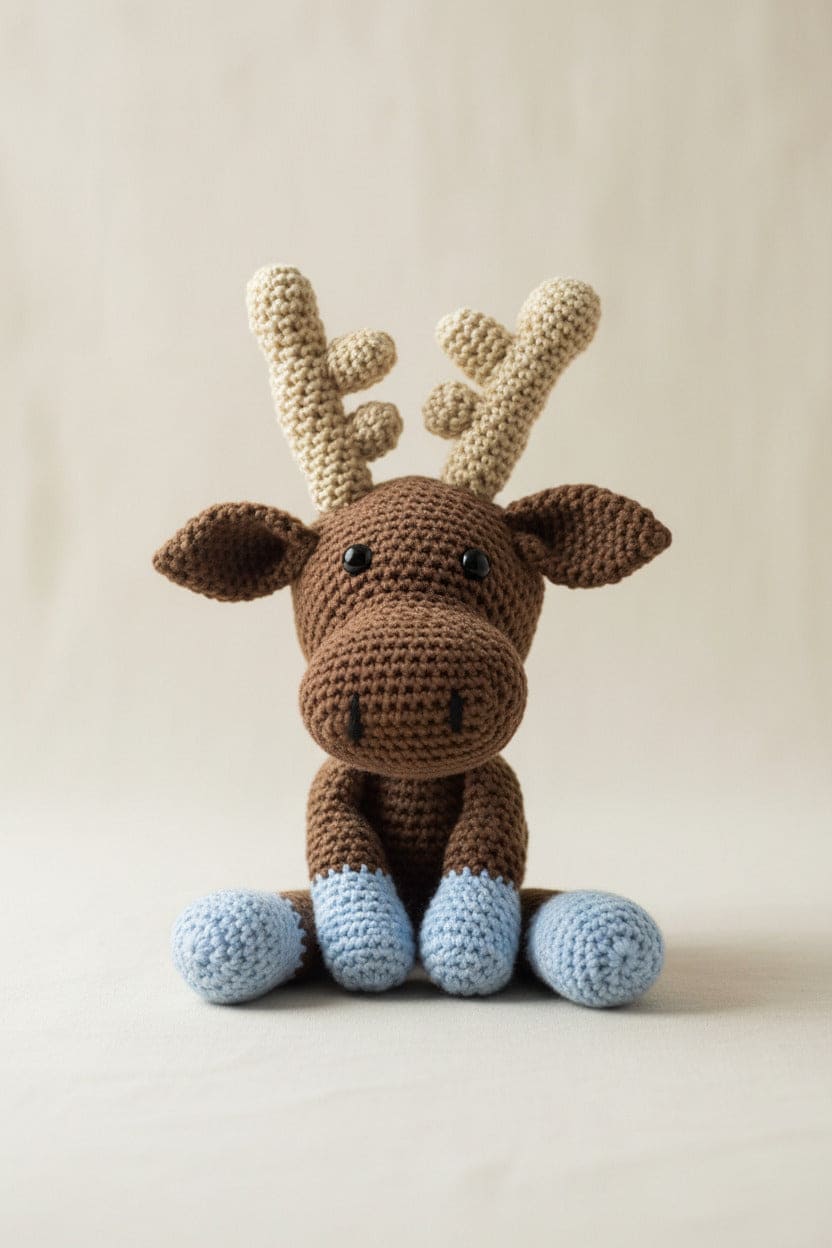 Crocheted moose toy with brown body, blue legs, and beige antlers on a light background