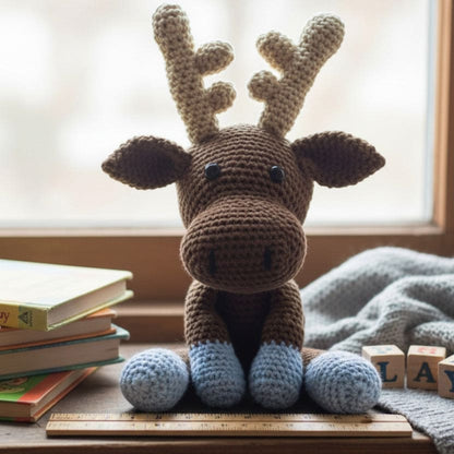 Crocheted moose toy on a windowsill with books and a blanket.